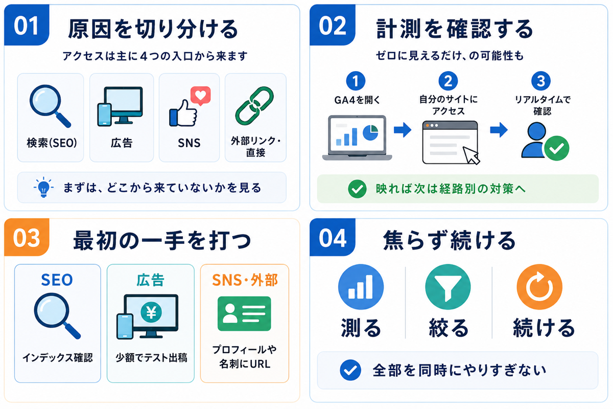 アクセス改善の4ステップ：原因を切り分ける→計測を確認する→最初の一手を打つ→焦らず続ける