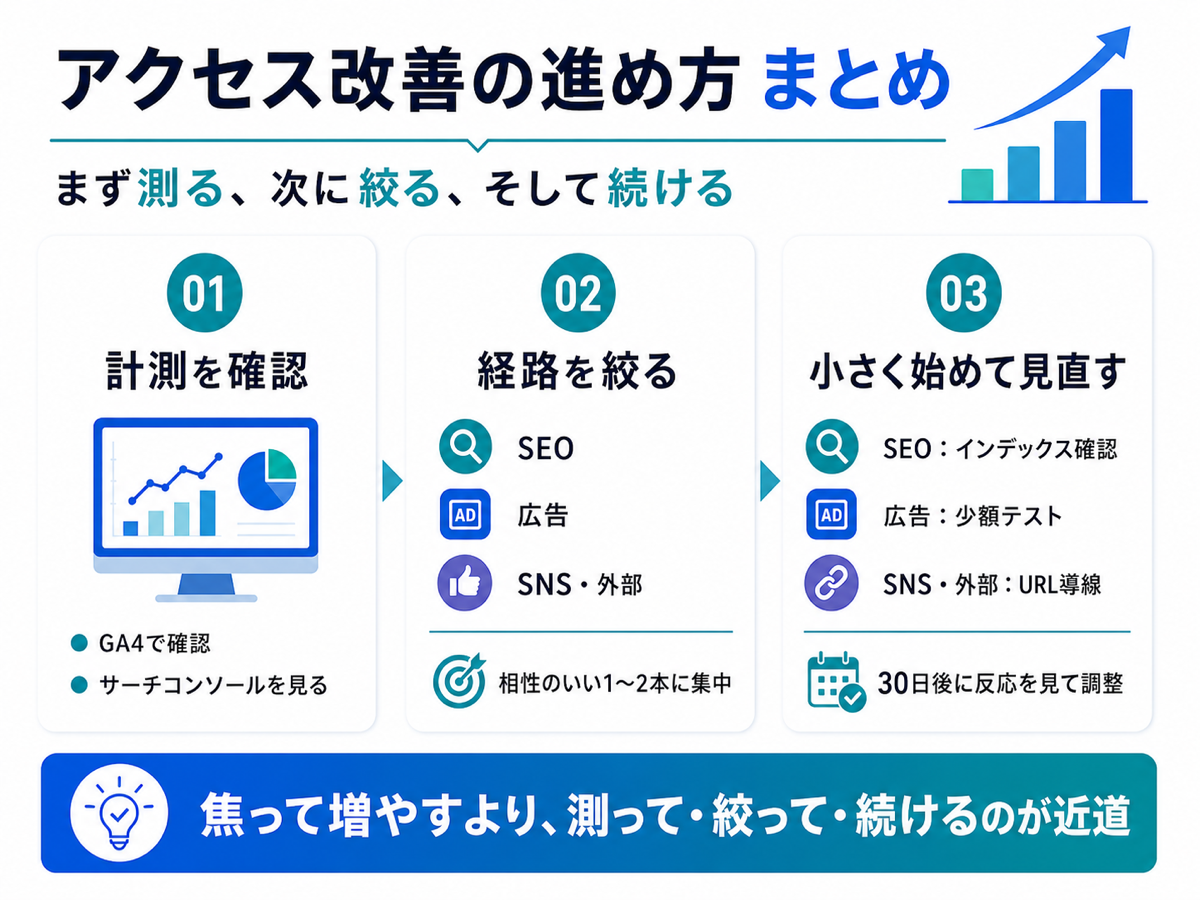 アクセス改善の進め方まとめ：まず測る、次に絞る、そして続ける