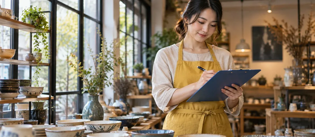 器が並ぶお店で、在庫を確認する店主