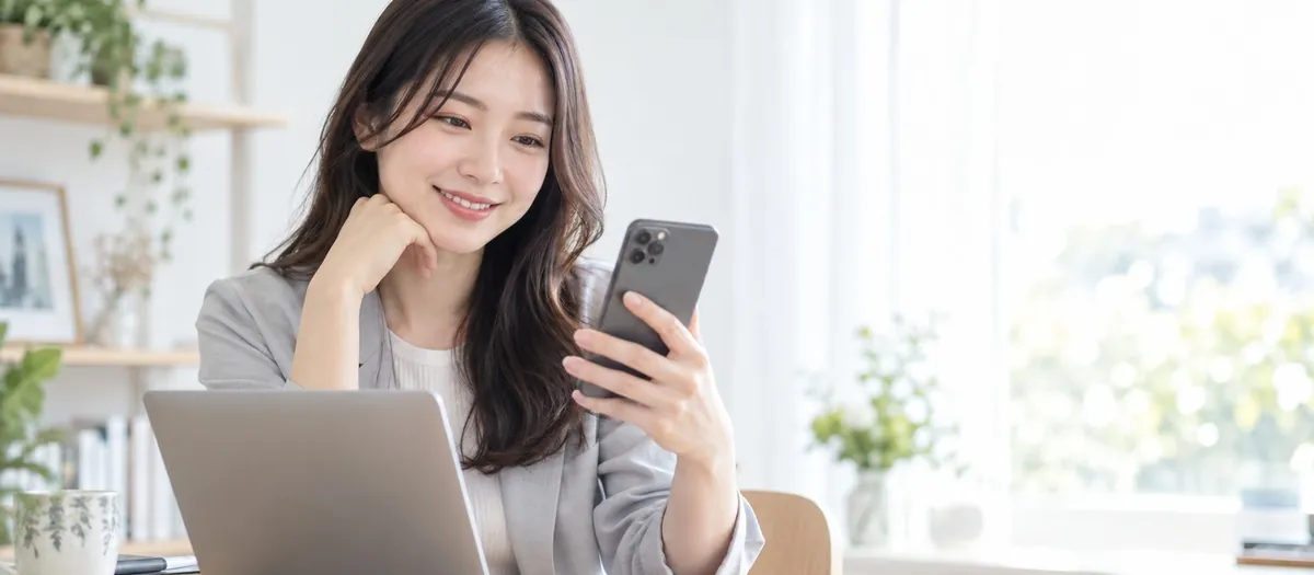 ノートパソコンの前でスマートフォンの情報を確認する女性