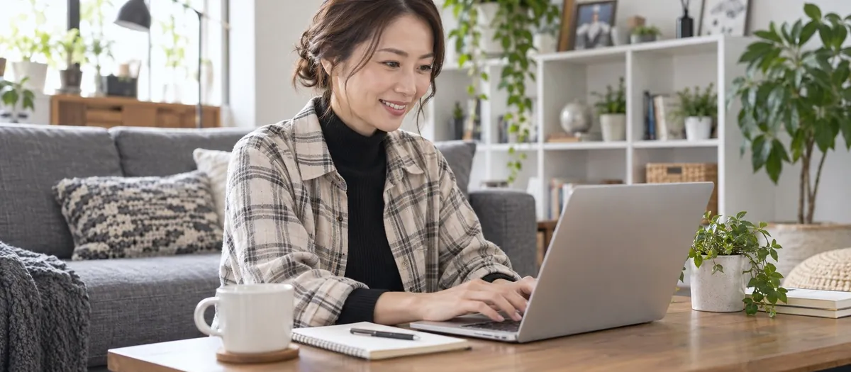 リビングのデスクでノートパソコンに向かい、ネットショップを運営する女性