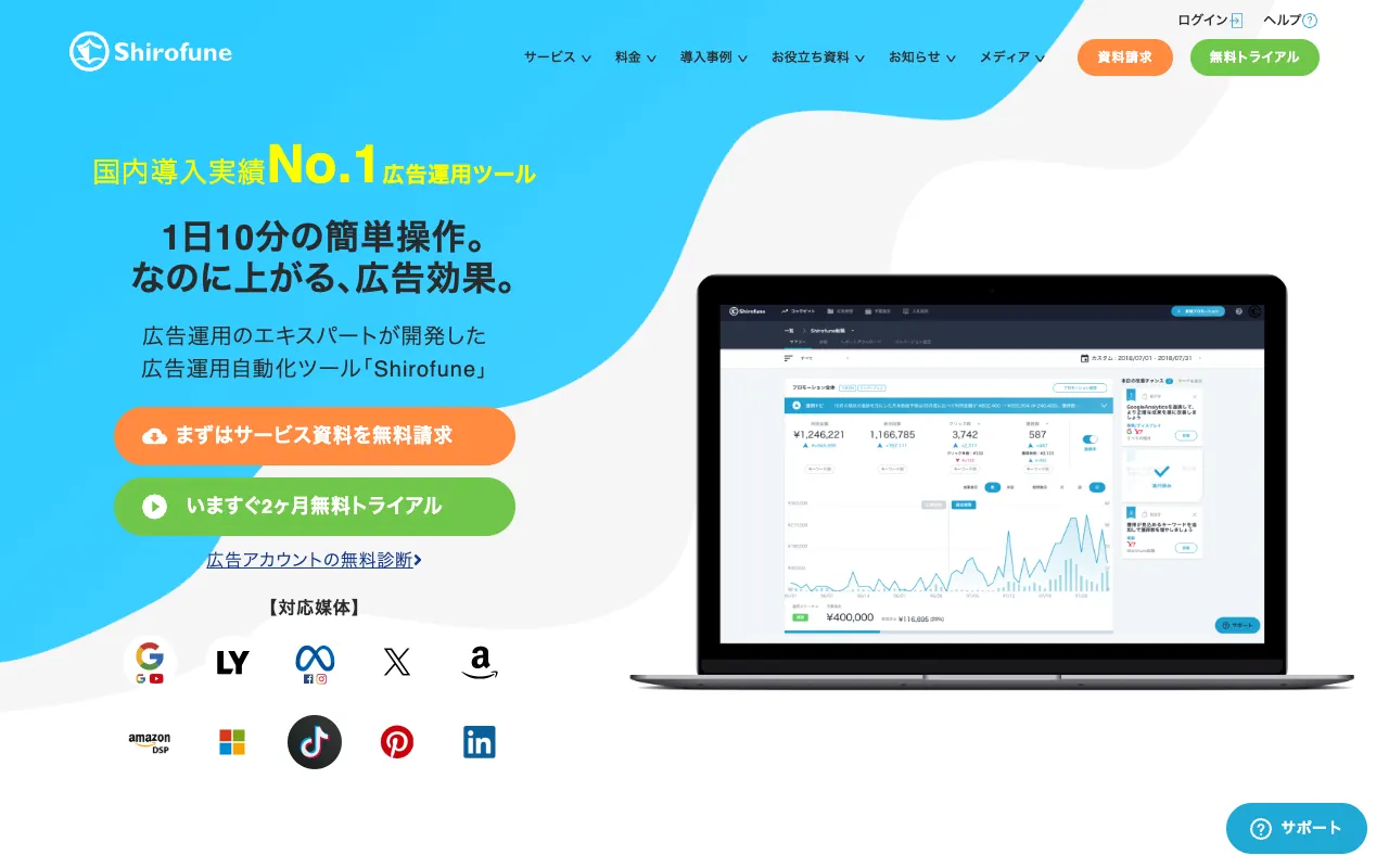 Shirofuneの公式サイトのトップページ