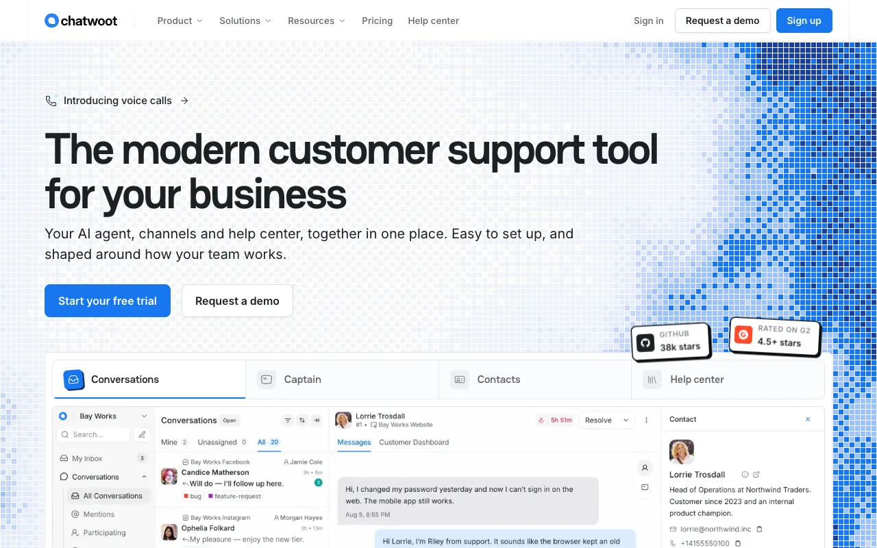 Chatwootの公式サイトのトップページ