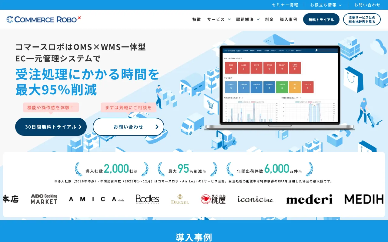コマースロボの公式サイトのトップページ