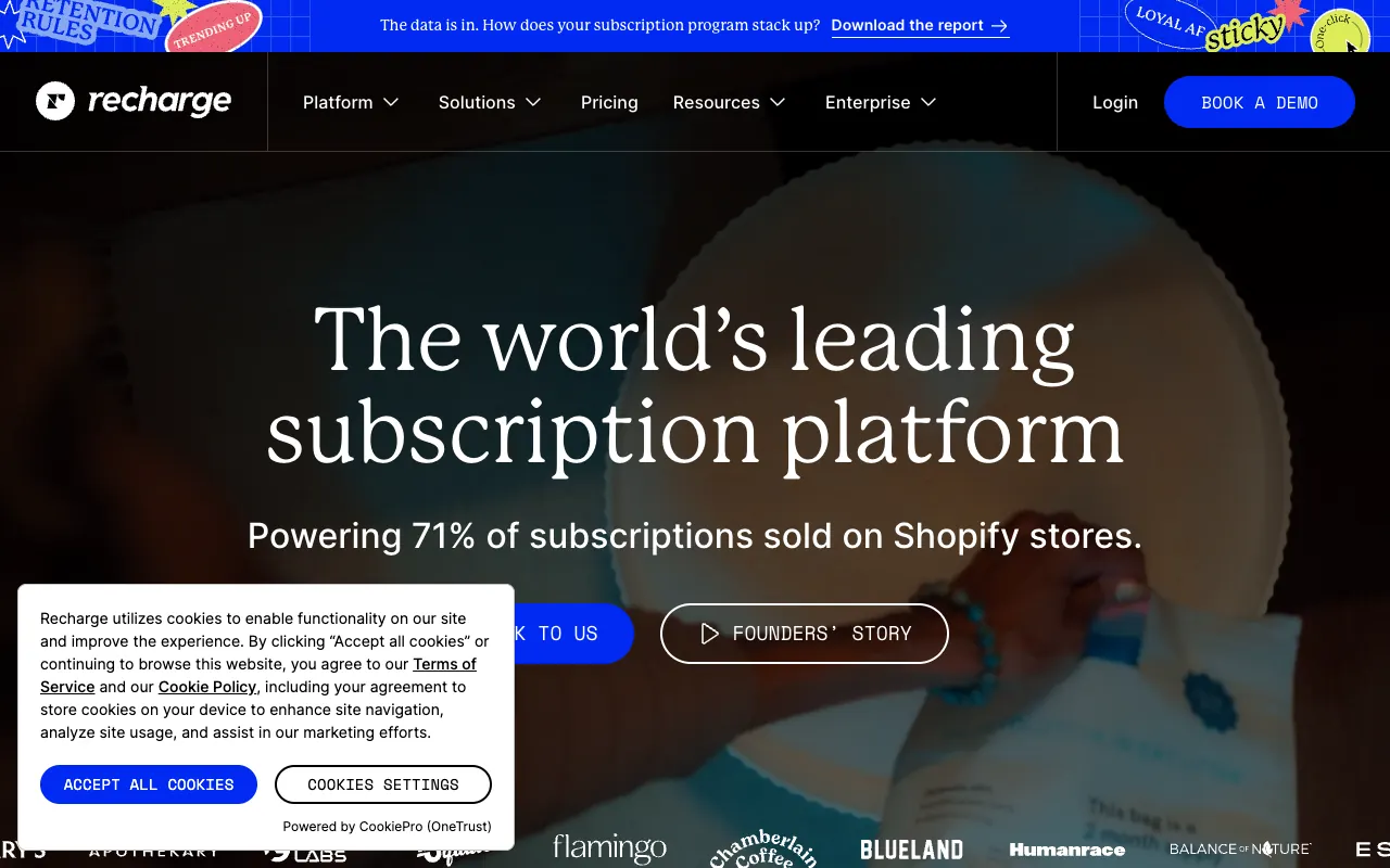 Recharge Subscriptionsの公式サイトのトップページ